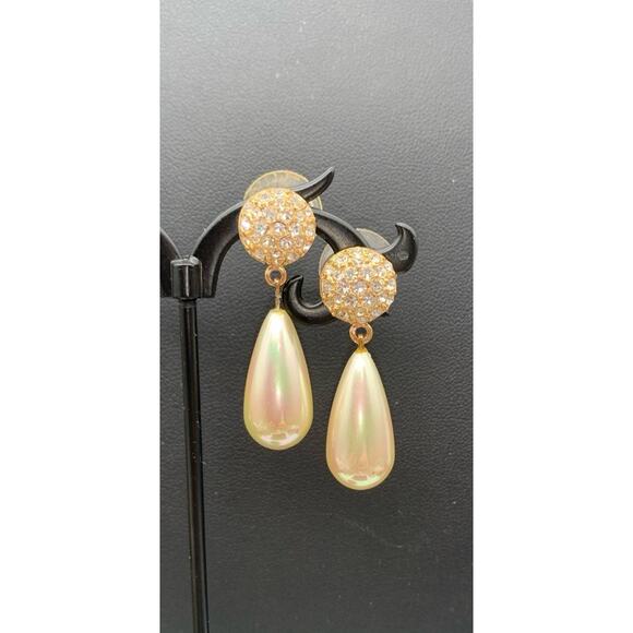 Vintage Roman Elegant Beautiful Gold Tone Iridescent Faux Pearl Dangle Pierced E - Picture 1 of 5